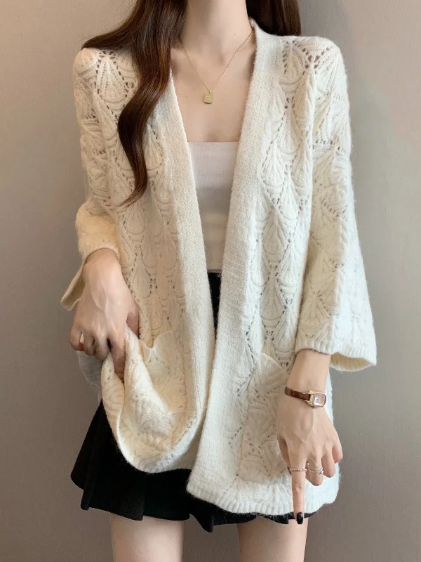 

Женский вязаный открытый кардиган, свитер, верхняя одежда, большой размер, крючок, цветок, ажурный дизайн, корейский топ средней длины, длинный све