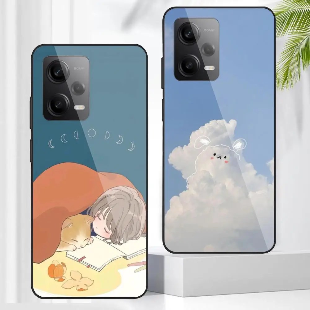 

Cute Phone Case For Redmi Note 13 Pro Plus 12 11 A3X A1 A2 13C 12C Black Glass Cases