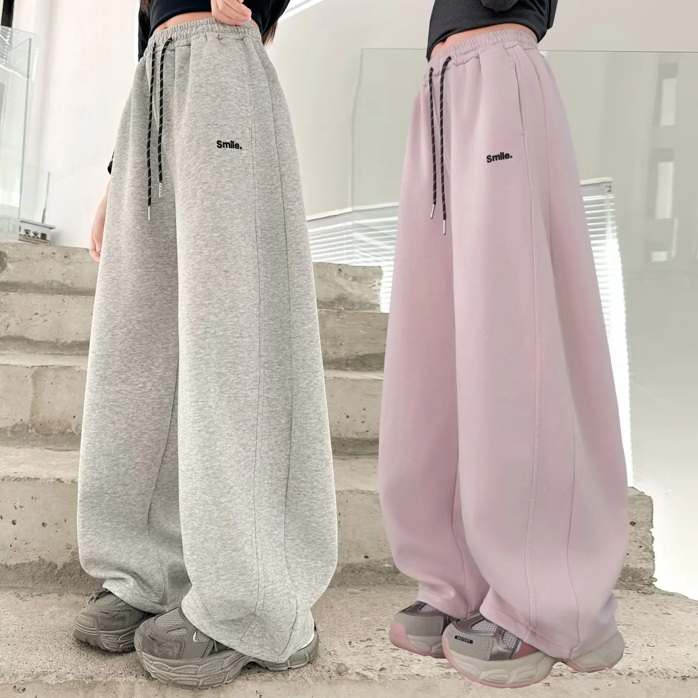 Calça de Moletom para Meninas UNITIM, Algodão com Bordado de Letras, Calças Esportivas para Adolescentes, Cintura Elástica Solta, Calças para Crianças