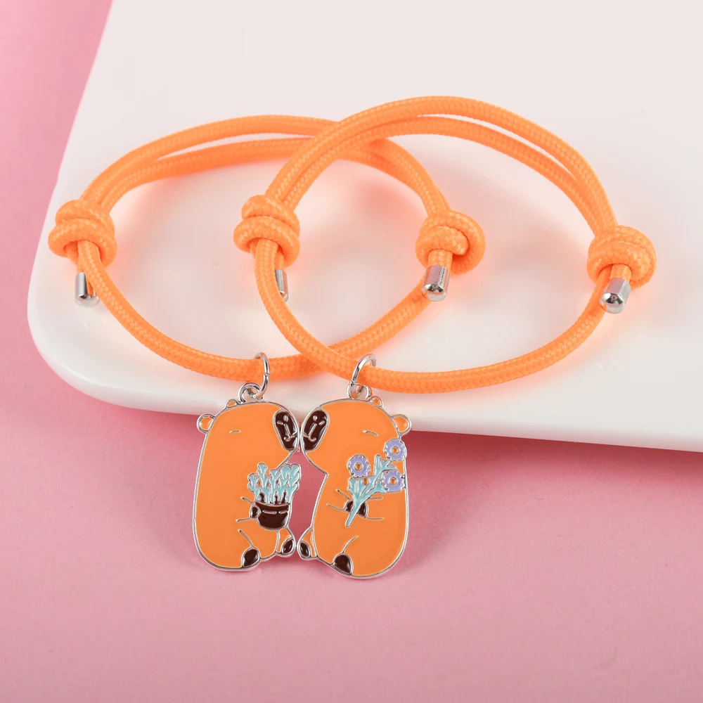 2Pcs/Set Cute Capibara Best Friend Bracelet One Holding Flowers and One Holding A Pot Plant for Girls Friendship Gifts