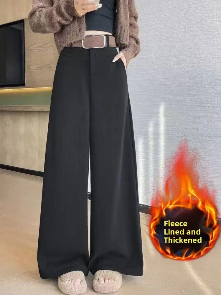 High-End-Wollanzughose Damen Retro-Hose mit Gürtel Herbst Winter Hose mit weitem Bein Dra Straight Freizeithose