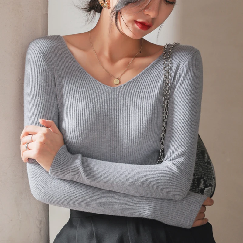 

Весенне-осенняя рубашка с v-образным вырезом, женская корейская рубашка с длинным рукавом, приталенный вязаный свитер, универсальные однотонные базовые джемперы Mujer