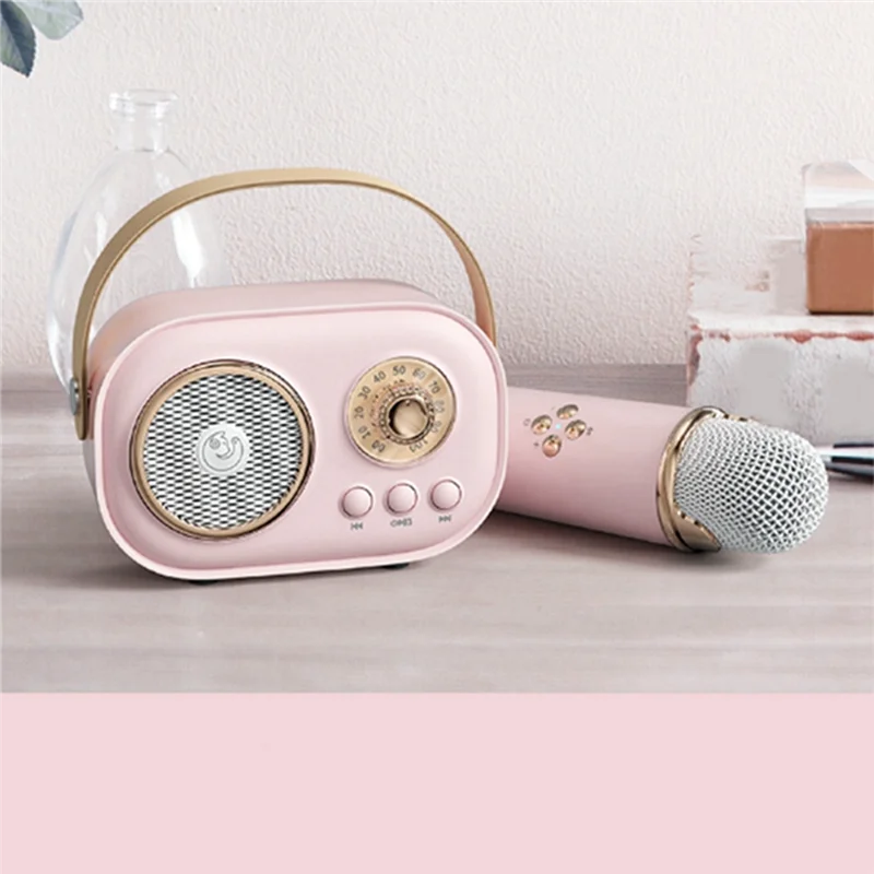 Mini inalámbrico Bluetooth Audio hogar canto Karaoke micrófono integrado altavoz estéreo hogar KTV Set rosa