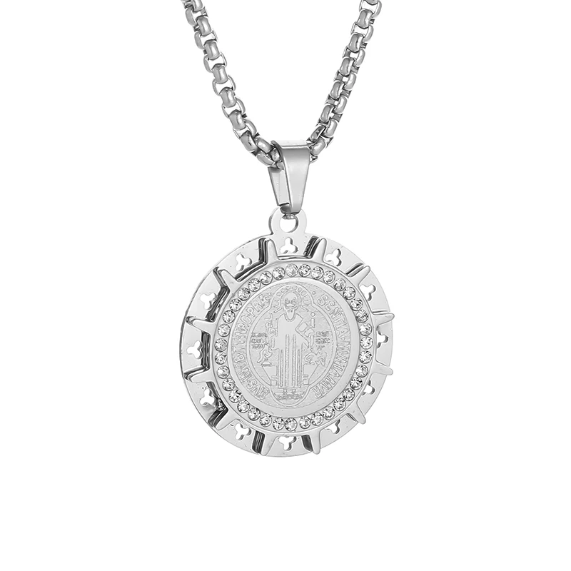 Stainless Steel Engraved Order of Saint Benedict Sunflower Pendant Necklace for Men Women Vintage Religious Amulet Jewelry Gift