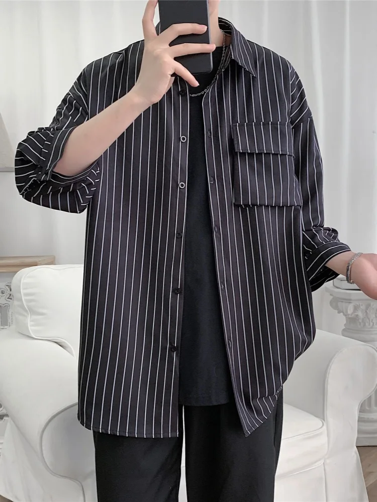 

Летняя тонкая рубашка из ледяного шелка в полоску, с длинным рукавом, черно-белая, осенняя, свободного кроя, из полиэфирного волокна, молодежная, модная.