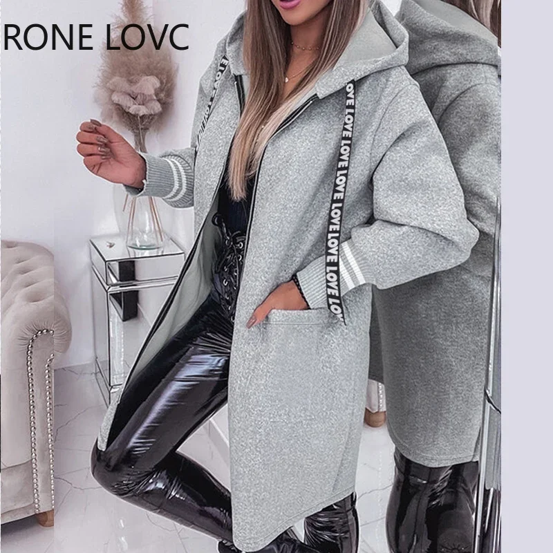 Women Hooded Letter Pattern Tape Pocket Long Sleeves Long Straight Casual Autumn Jacket Tops
