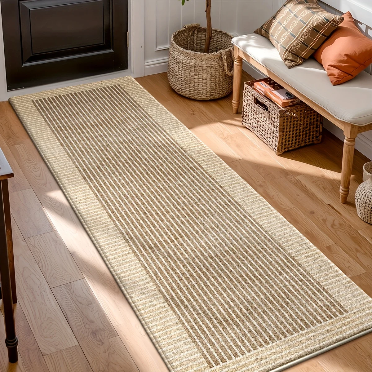 Modern Striped Pattern Kitchen Carpet Mat Rug Home Decoration Beige Brown Color Floor Decor Dining Room Living Room Simple Style