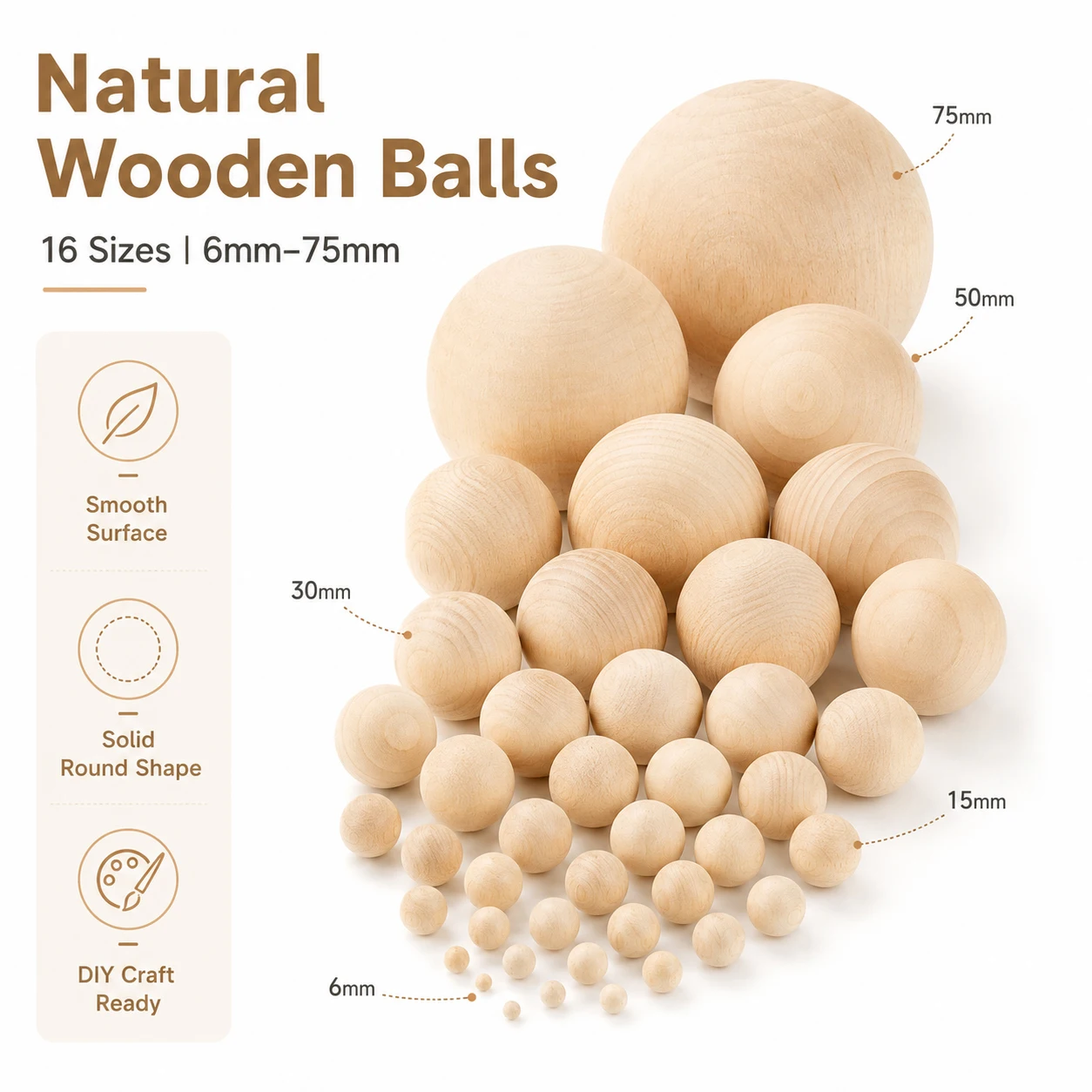

1-50Pcs 6mm-75mm Wooden Balls, Unfinished Solids Round Wood Beads for DIY Craft, Home Decoration, Painting & Modeling