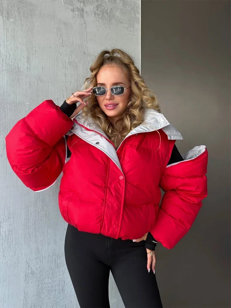 Hooded Puffer Jacket Padded Reversible Detachable Sleeves Stand Collar Zip Up Short Coat 2026 Women Winter Warm Coats