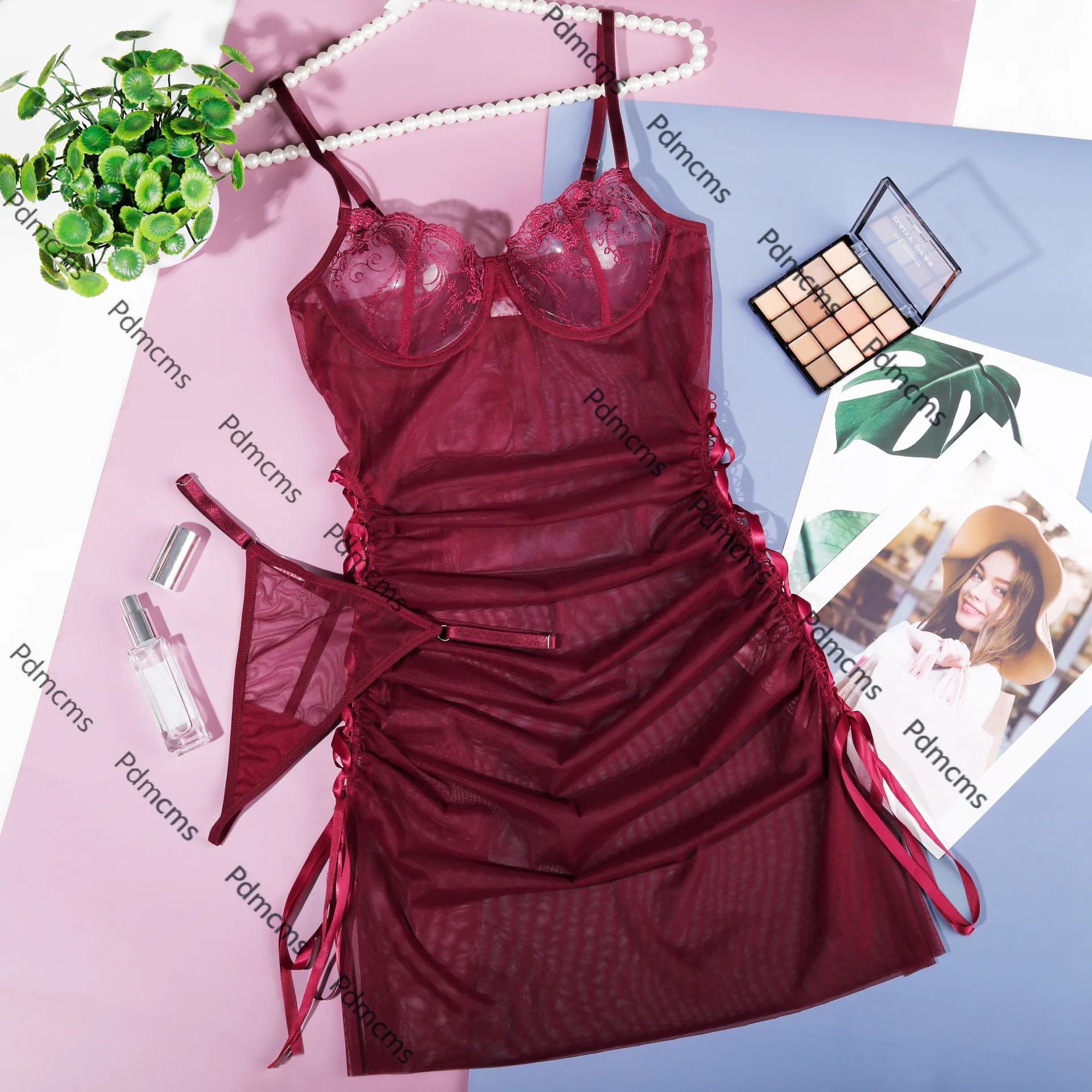 

2025 новый европейский и американский кружевной ультратонкий сетчатый комплект из пряжи с тонкой вспышкой, сексуальный комплект из двух предметов, эротическое нижнее белье L