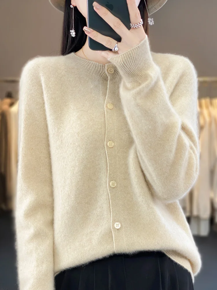 

New Fashion Women Cashmere Sweater Autumn Winter Button Cardigan 100% Merino Wool O-Neck Knitwear Female Grace Soft Clothes Top