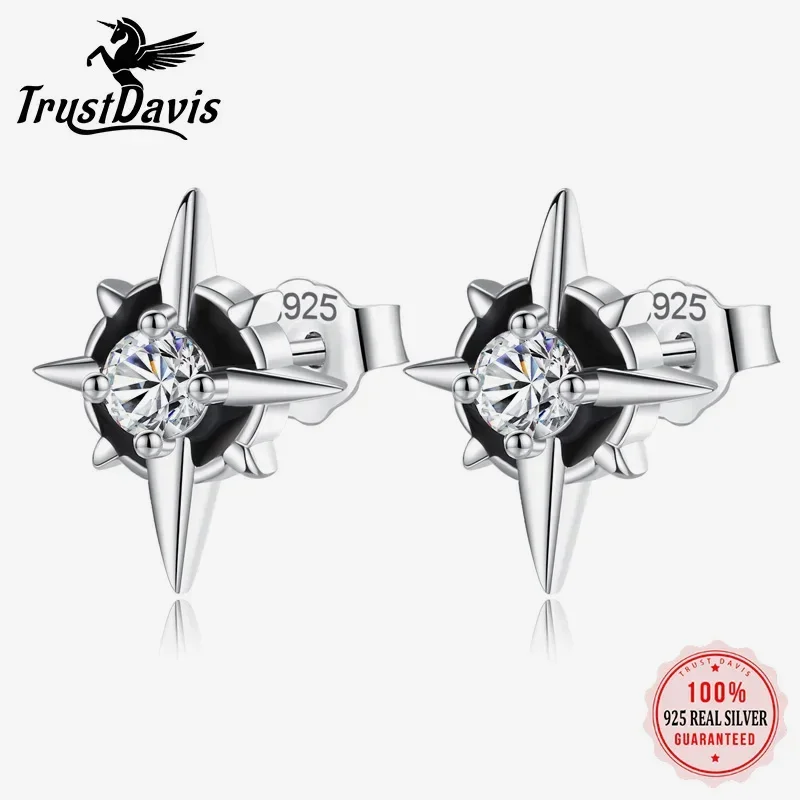 TrustDavis Real 925 Sterling Silver Fashion Sweet Star Black CZ Stud Earrings For Women Wedding Valentine's Day Jewelry DA2528