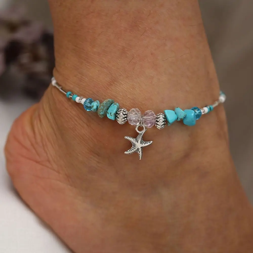 Fashion Conch Bohemia Turquoise Foot Bracelet Bead Alloy Shell Leg Anklets for Women Bohemian Foot Chains Travelling Souvenir