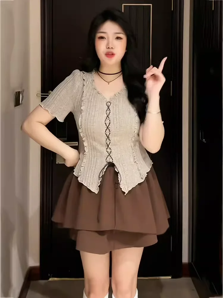 plus Size Pure Desire Summer Outfit Short Sleeve Women's Top And Half Skirt Two Piece Set Slimming Effect Complete Ensemble