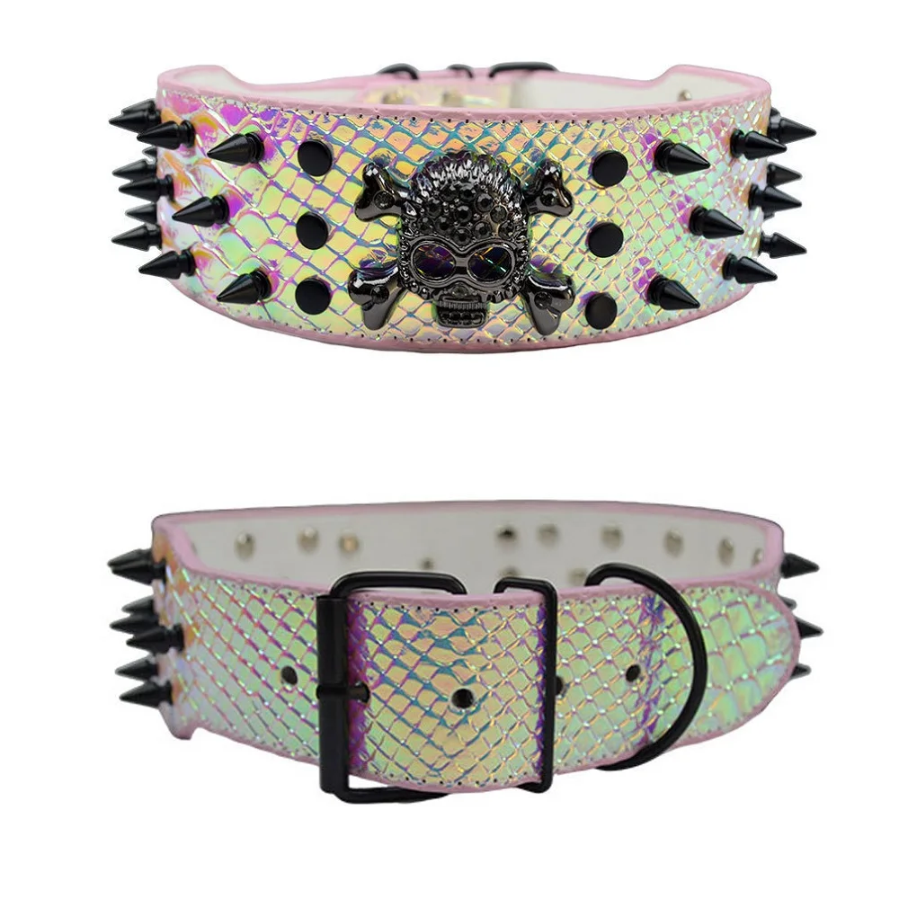 Punk Style PU Leather Dog Collar Skull Studded Spikes Rivets Leopard Crocodile Embossed Pet Necklace for Small Medium Large Dogs