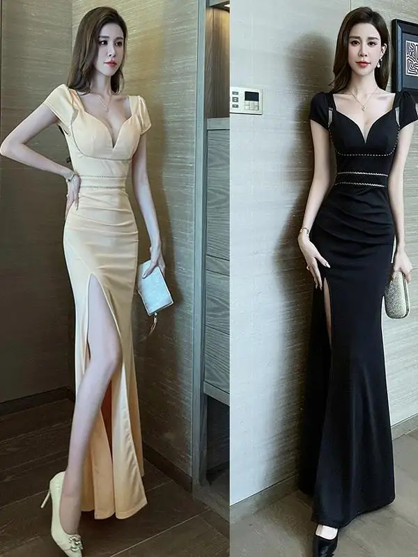 

Ele Long Sve Sexy Low Cut Evening Gown Sauna Foot Bath Spa Techans Faionable Split Long Dr Knitted Fabric o...