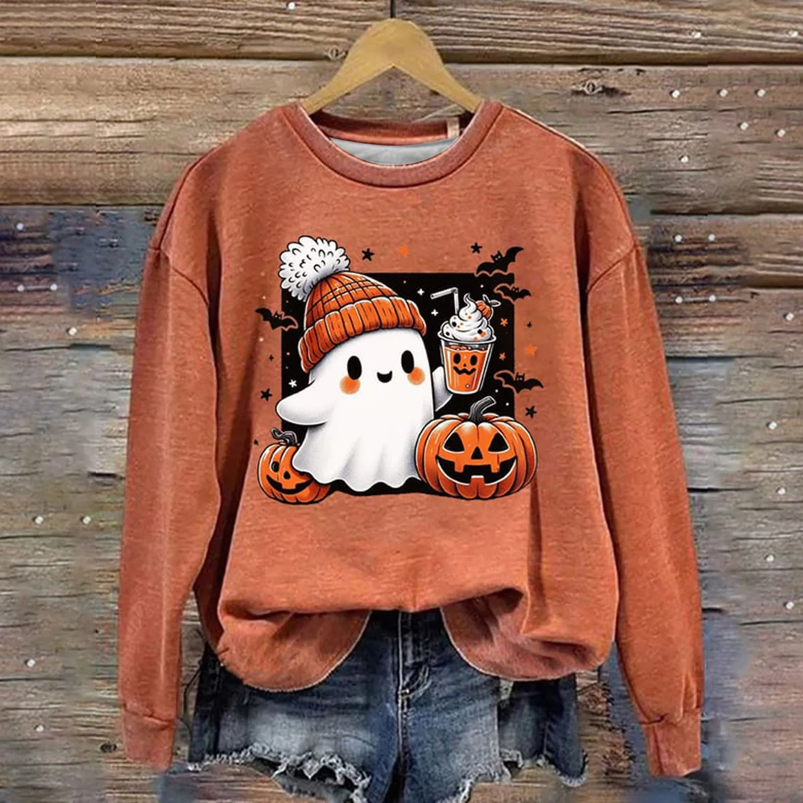 

Ladies Halloween Feature Top Cute Ghost Pumpkin Print Fashion Trend Hoodie Crew Neck Long Sleeve Casual Warm Comfortable Jumper