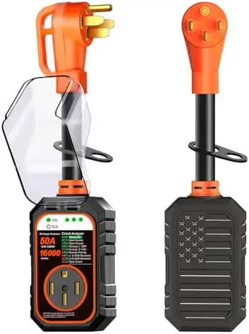 

RV Surge Protector 50 Amp - 16000J Surge Protection, IP68 Waterproof, Orange Flag Design for Camper & Trailer