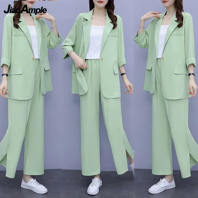 2024 Women Autumn New Casual Blazers Jacket Trousers Matching Set Korean Elegant Loose Suit Coat Pants Two Piece Female Clothing