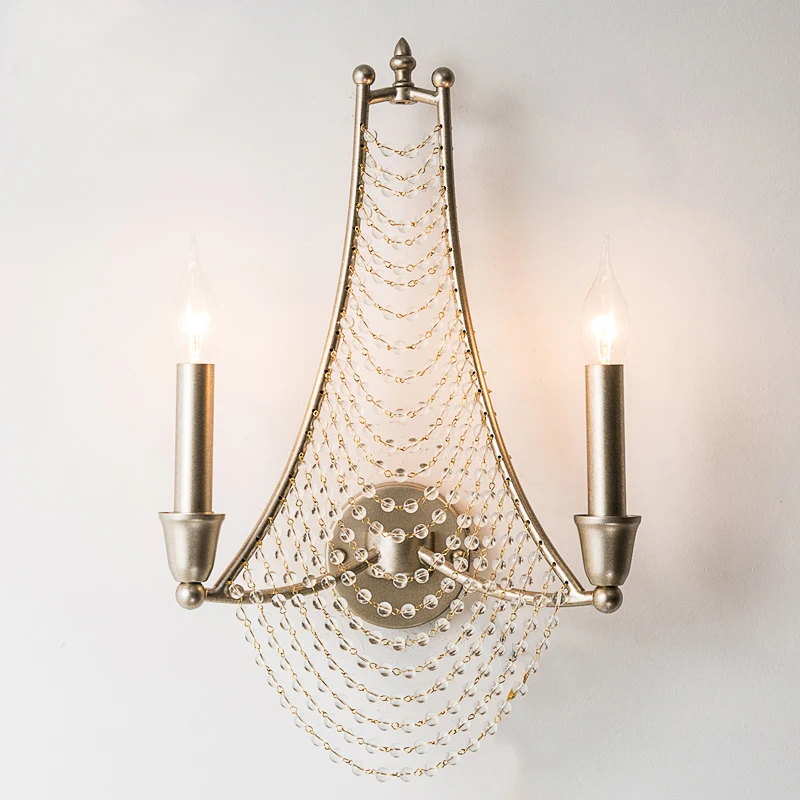 Unique Vintage Silver Metal American Country Wall Lamp Villa Living Room TV Back Wall Bedroom Bedside High Quality Crystal Lamp
