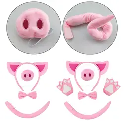 4Pcs Pig Costume Set Pink Pig Headwear Dress up Ears Headband Nose Bowtie Tail Cosplay Costume  for Carnival Props Halloween