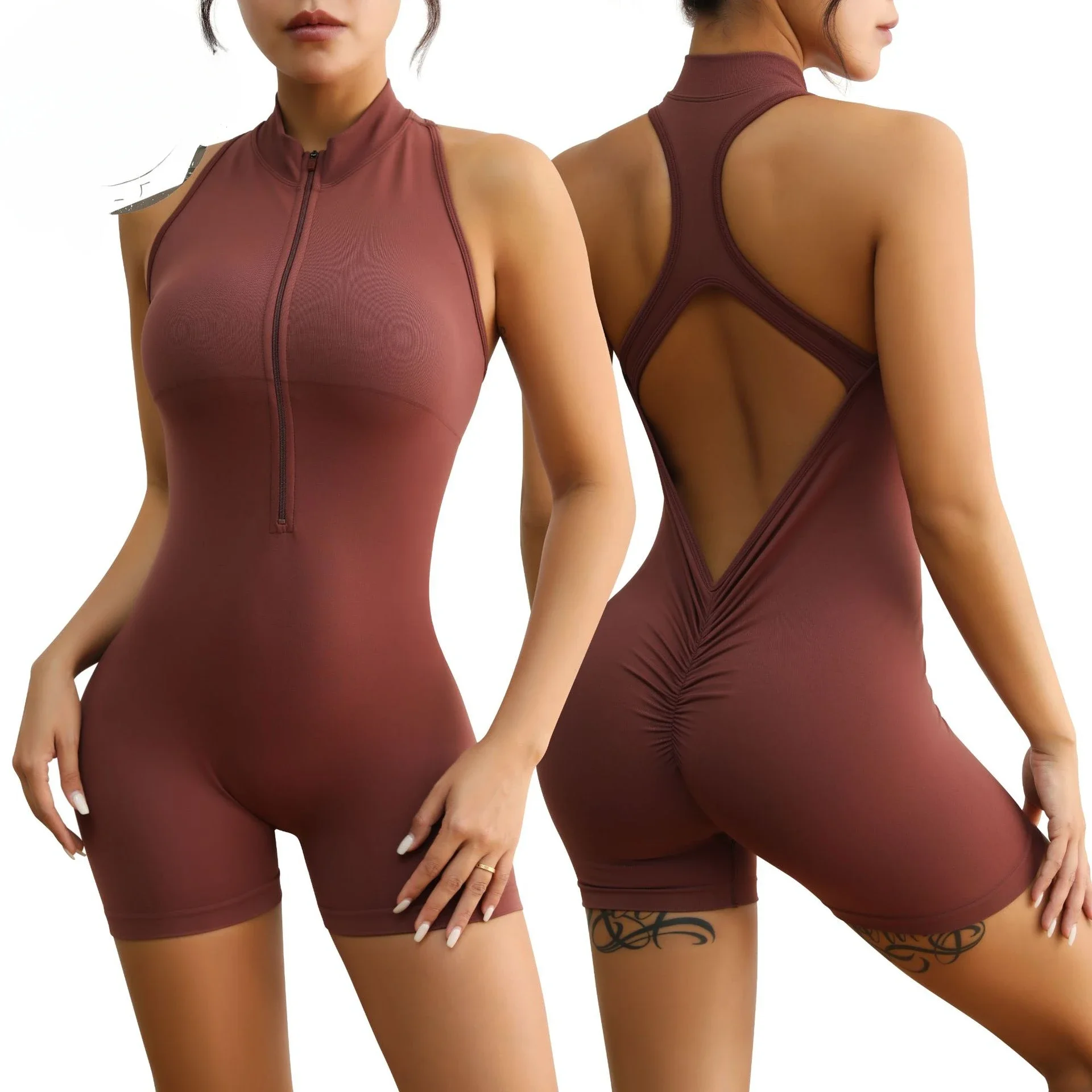 Women's Gym Jumpsuit Yoga Rompers Zipper V Back Sports Fitness Bodysuit Workout Clothes Sportswear One-piece Playsuit Yoga Suit