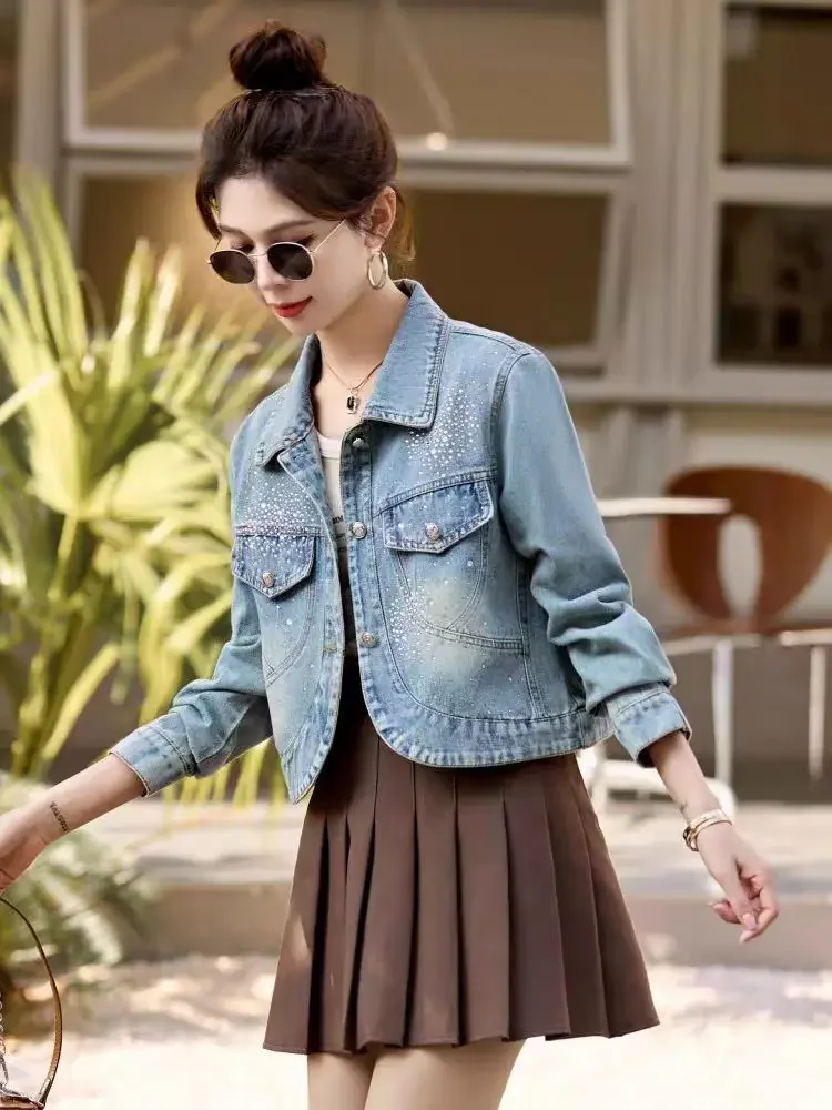 Female Jeans Coats Diamonds Crop Spring Autumn Short Blue with Rhinestones Small Sequin Studded Women\'s Denim Jackets Original