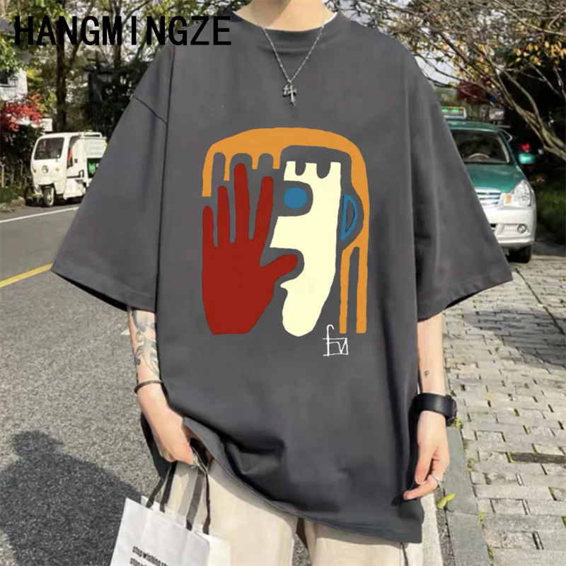 Funny Painted Art Print Round Neck Drop Shoulder Short Sleeve Cotton T-shirt Abstract Genderless Hip Hop High Street Hiphop