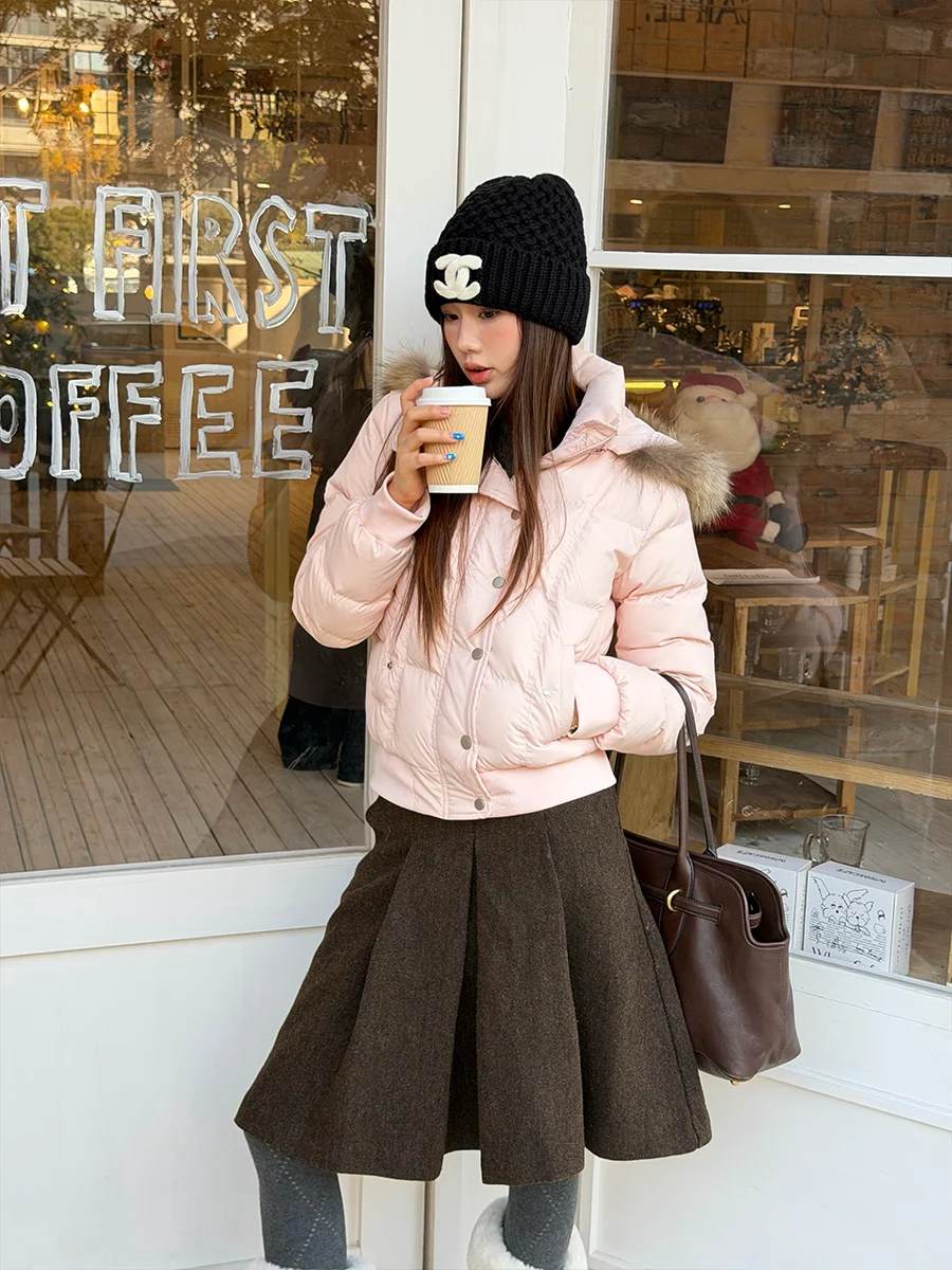 

Куртка TENPSEN Original Pink 90 White Du down с капюшоном и меховым воротником, простая, универсальная, теплая верхняя одежда для зимы, на молнии, для повседневной носки