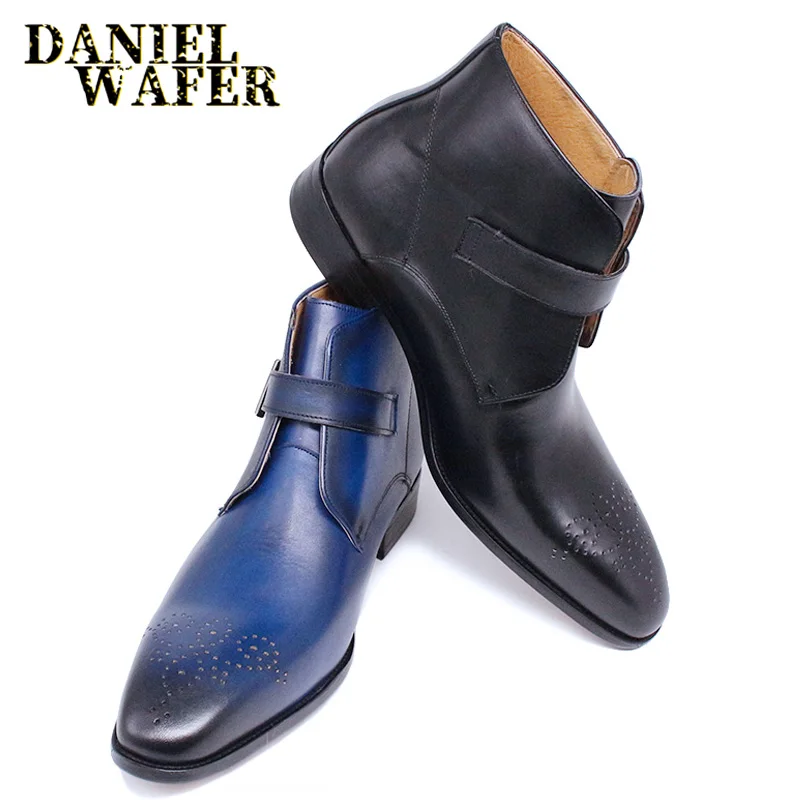 Fashion Men\'s Chelsea Boots Luxury Design Genuine Leather Shoes Black Blue Buckle Strap Dress Formal Business Ankle Boot for Men