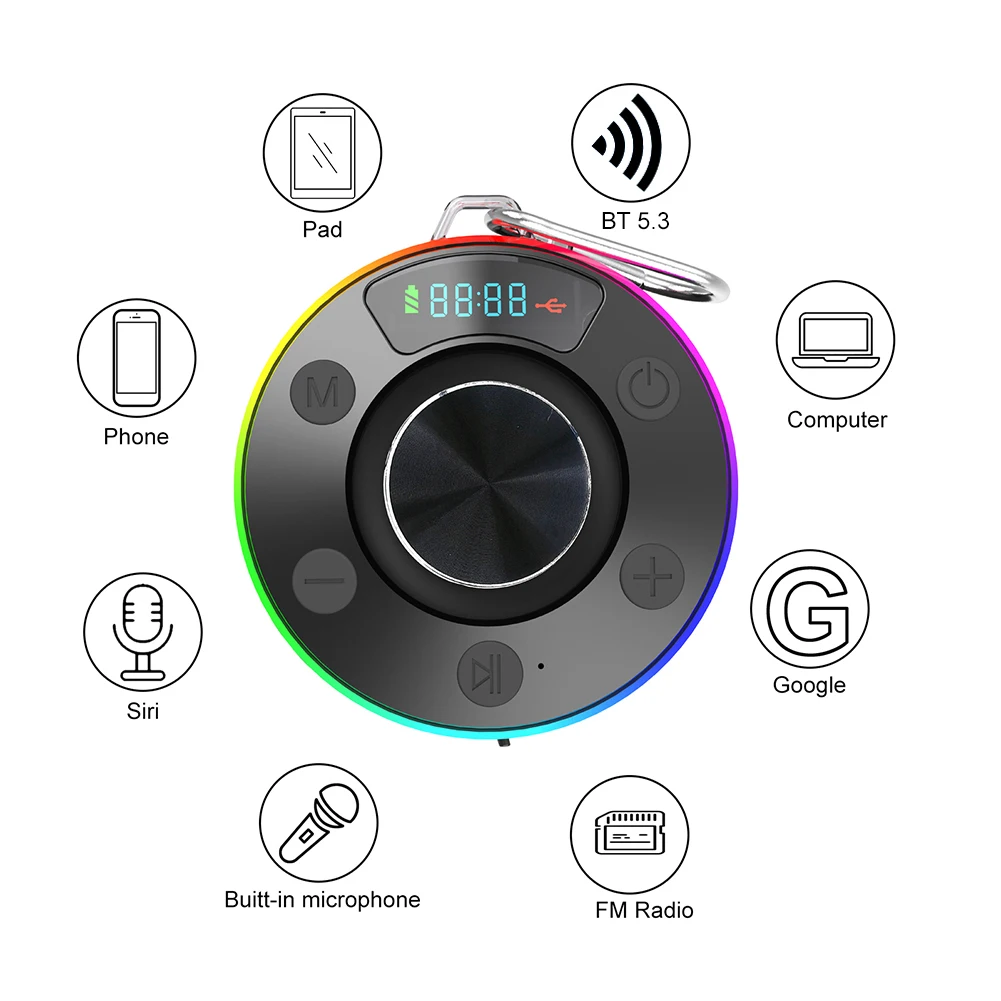 Bluetooth-Compatible 5.3 Shower Speaker IPX7 Waterproof Shower Radio FM Radio Stereo Subwoofer for Kayak Beach Pool Accessories