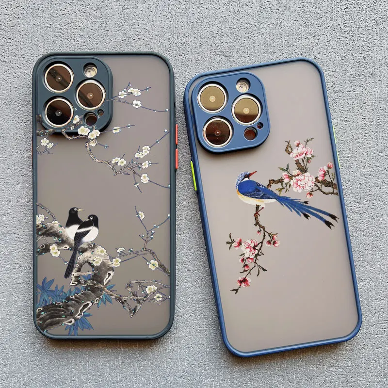 Birds Watercolor Painted Pattern Phone Case For iPhone 12 13 mini 11 14 Pro Max X XR XS 15 7 8 Plus SE2 Shockproof Flower Cover