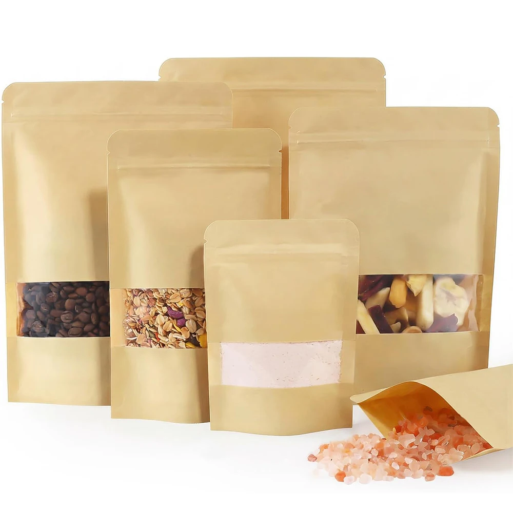 50Pcs Kraft Paper Resealable Bags with Clear Window Heat Sealable Stand Up Pouch Bags with Tear Notches Bulk Food Storage Bag