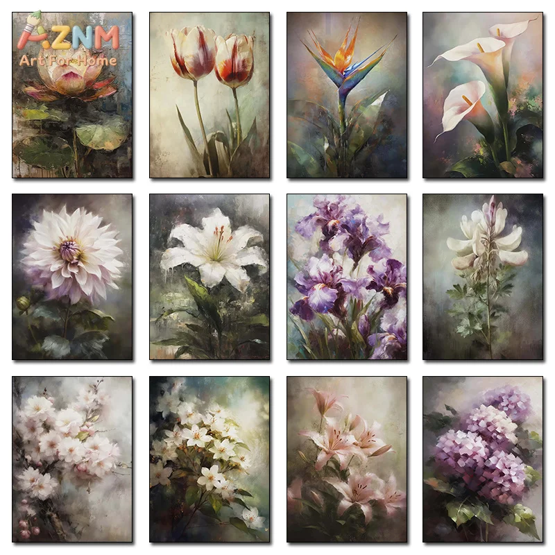 AZNM Vintage Oil Painting Floral Canvas Print Lotus Tulip Bird of Paradise Calla Lily Dahlia Iris Hydrangea Retro Flower Unframe