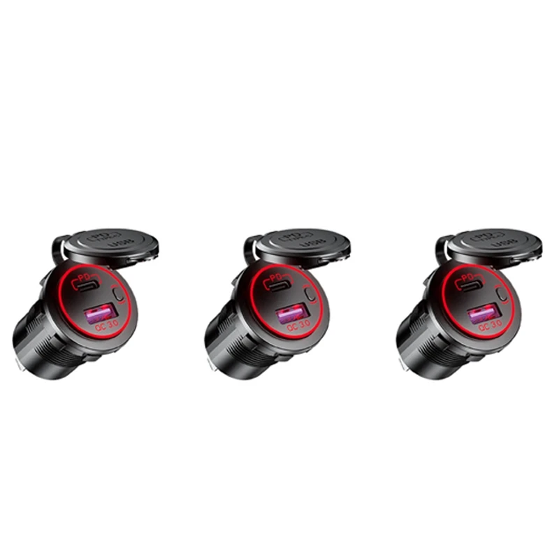 3X PD Type C USB Car Charger And QC 3.0 Quick Charger 12V Power Outlet Socket With ON/Off Switch Red