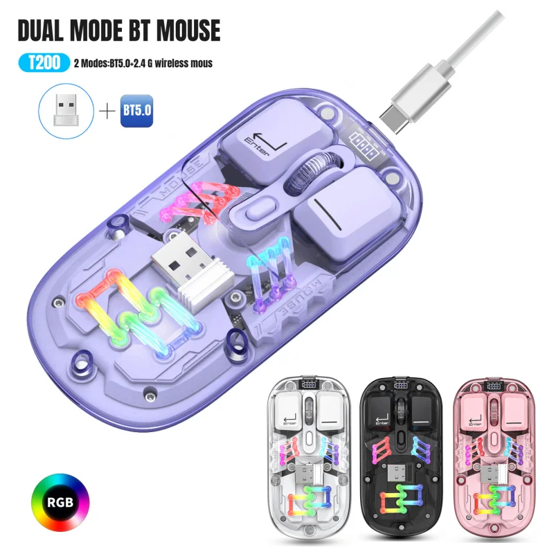 

New Dual Mode Wireless Mouse 2.4G/Bluetooth 5.0 Rechargeable Transparent Mouse Magnetic Design RGB