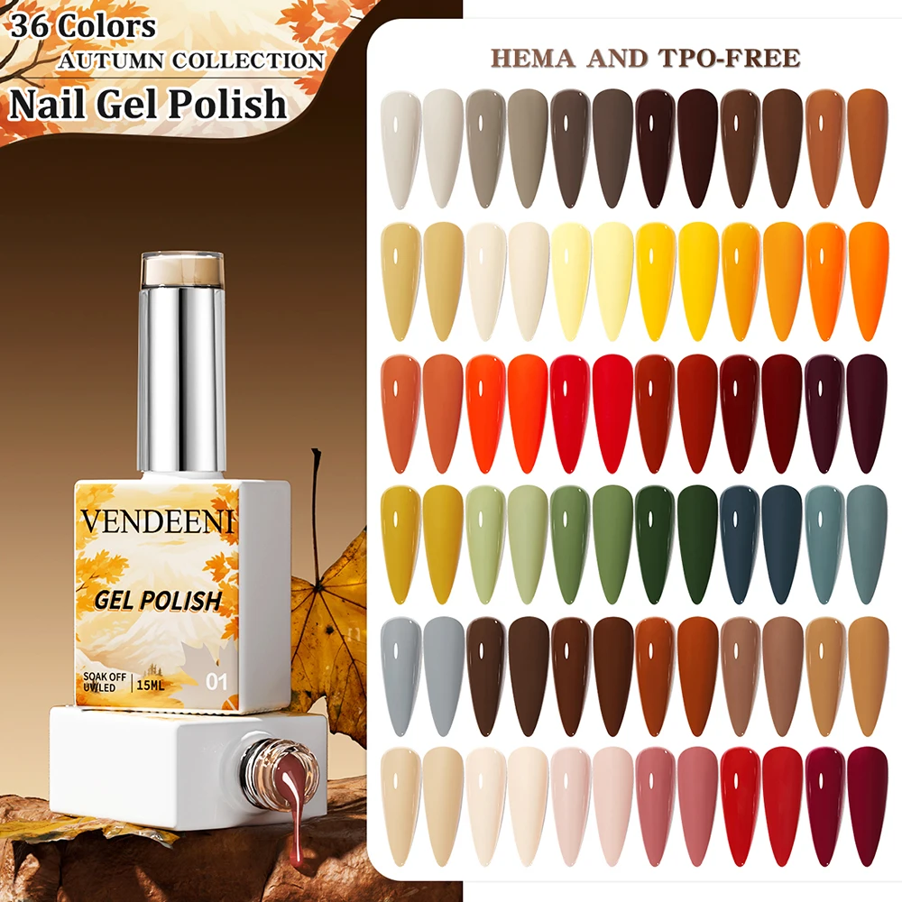 

Vendeeni 36 Colors/set Brown Yellow Autumn Series High Pigment Pure Color Crystal Gel Nail Polish With Color Card TPO/HEMA FREE