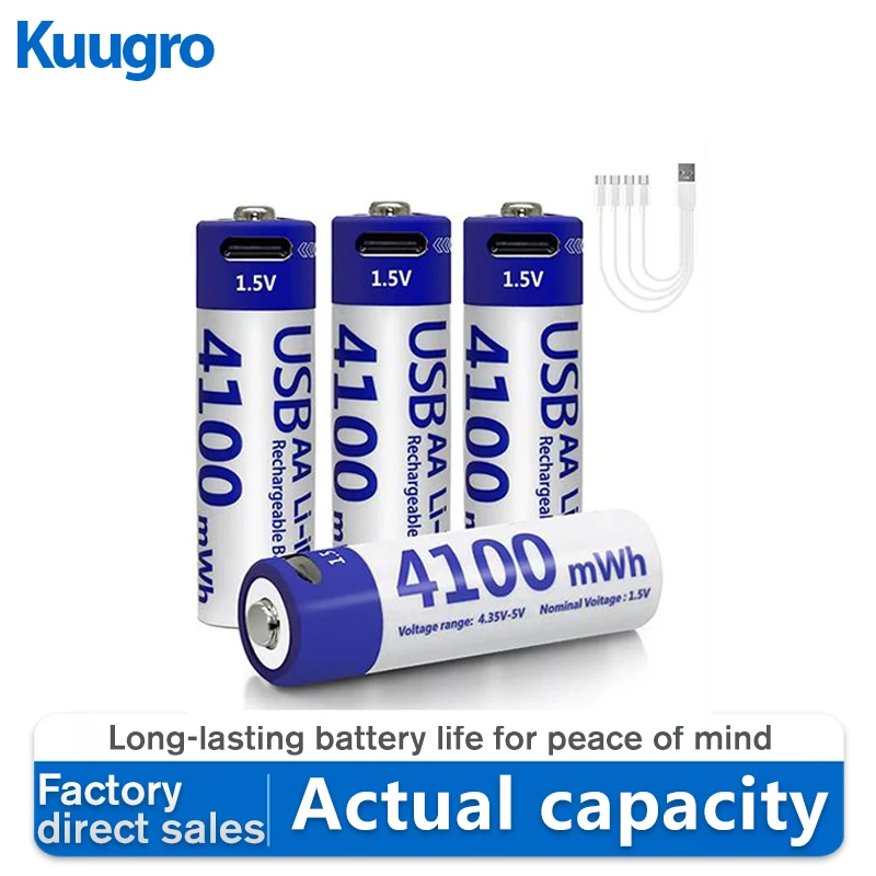 

kuugro 1.5V 4100mWh High capacity AA Rechargeable Battery USB Type-C aa Li-ion Battery for Remote Control Smart Door Lock Toys