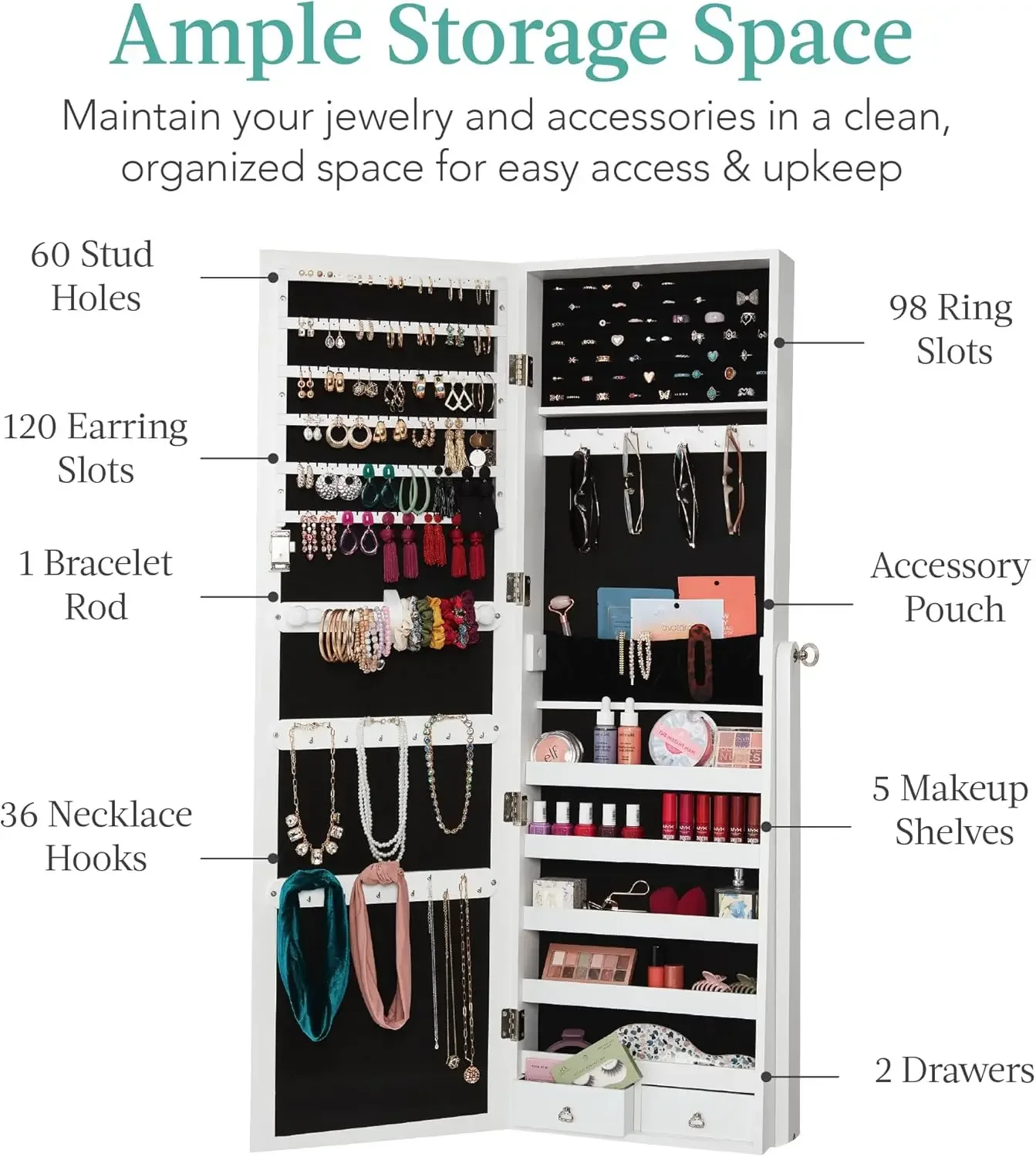 Freestanding Jewelry Armoire Cabinet, Full Length Standing Mirror, Lockable Makeup Storage Organizer, w/Velvet Lining, 3 Angles,