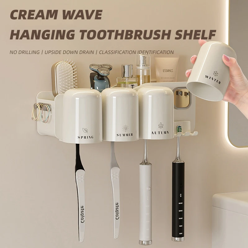 Wall Mounted Toothbrush Holder No Punching Toothpaste Toothbrush Storage Rack Transparent Mouthwash Cup Toothbrush Bathroom Set