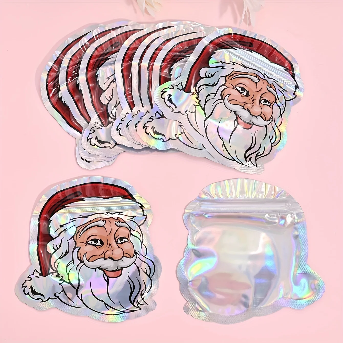 10/30/50Pcs Santa Claus Shaped Bags Holographic Gift Packaging Bags Ziplock Hologram Bags For Christmas Candy Packaging