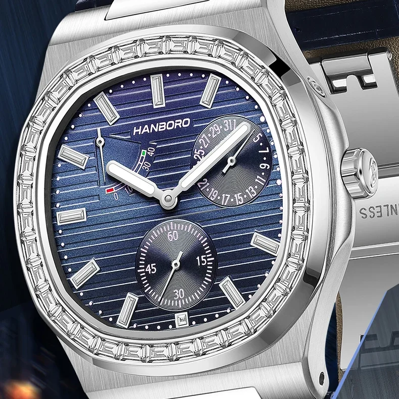 HANBORO Men Automatic Watch 38mm Square Mechanical Wristwatch 5ATM Luminous Sapphire Power Reserve & Date Dial Tianjin1780