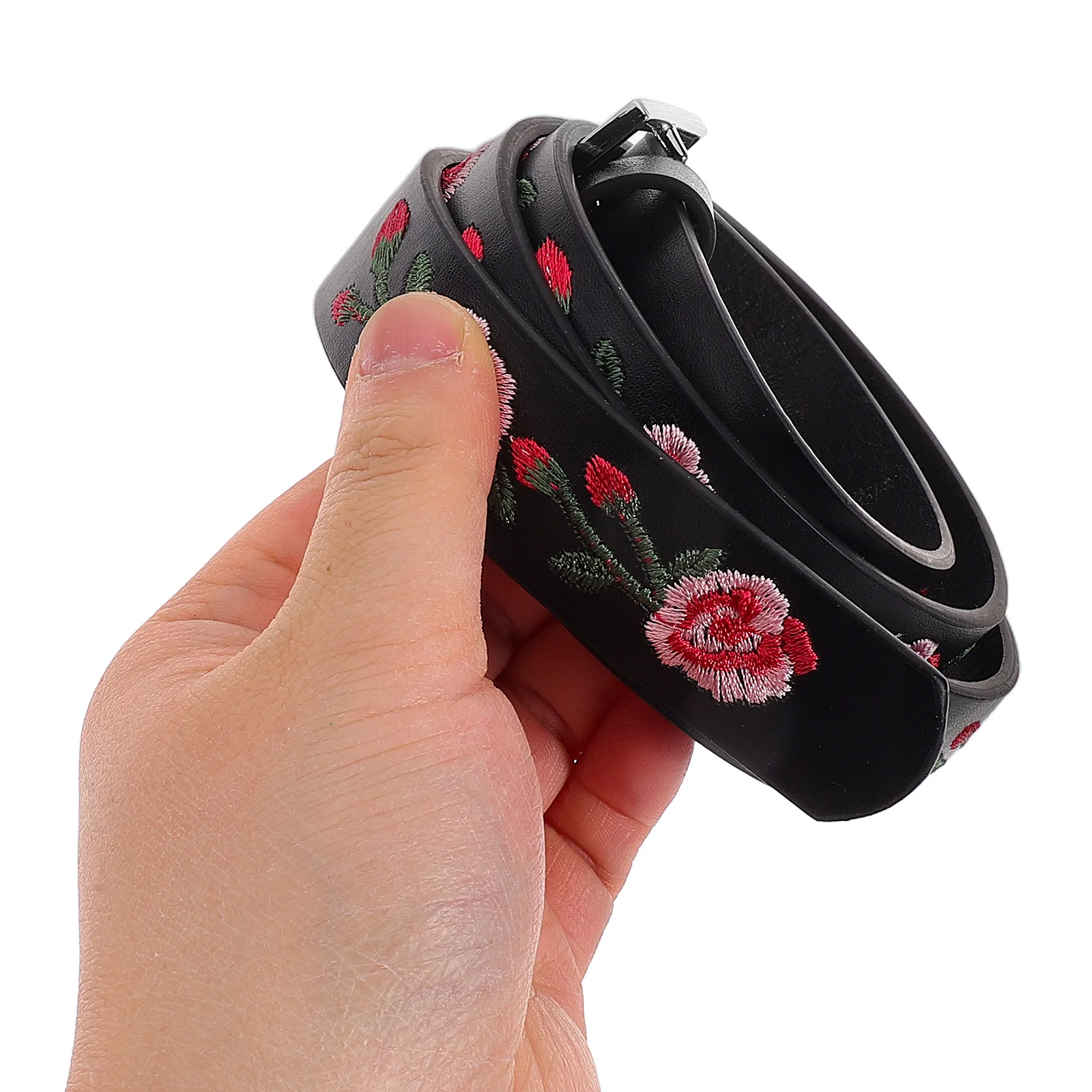 

Floral Rose Embroidered PU Waist Belt Adjustable Square Buckle Stylish Women's Dress Jeans Waist Accessories Flower Sash Belt