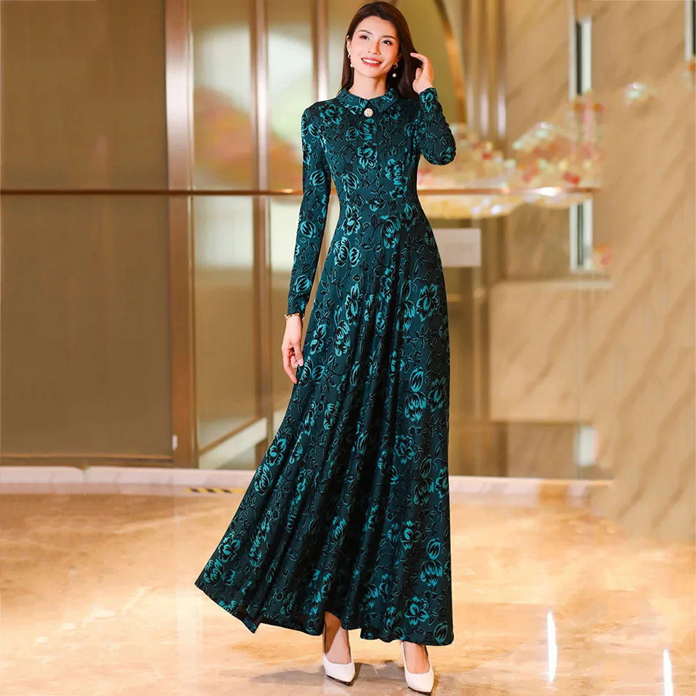 

New Women Dark Green Print Long Dress Spring Autumn Fashion Elegant Peter pan Collar Long Sleeve Vintage Slim Overlength Dress