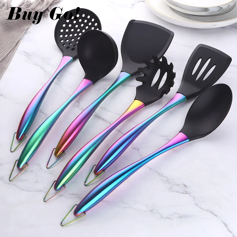 

1-7PCS/Set Silicone Kitchenware Cooking Utensils Set Non-stick Cookware Soup Ladle Spatula Steel Handle With Holder Kitchen Kit