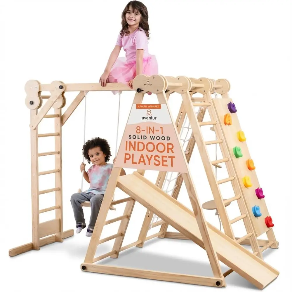 

8in1 Indoor Play Gym Toddler Jungle Gym for Kids Ages 26 Indoor Playground Wooden Climbing Playset with Slide, Monkey Bars, Lad