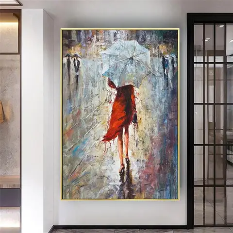 Moderne Handgemaakte Abstracte Olieverfschilderij Regenend Meisje Met Paraplu Canvas Kunst Voor Woonkamer Muur Decor