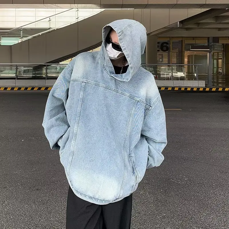 2024 Men Vintage Denim Hoodies Women Harajuku Hip Hop Casual Oversized Sweatshirts Fashion Loose Long Sleeve Pullover Coat