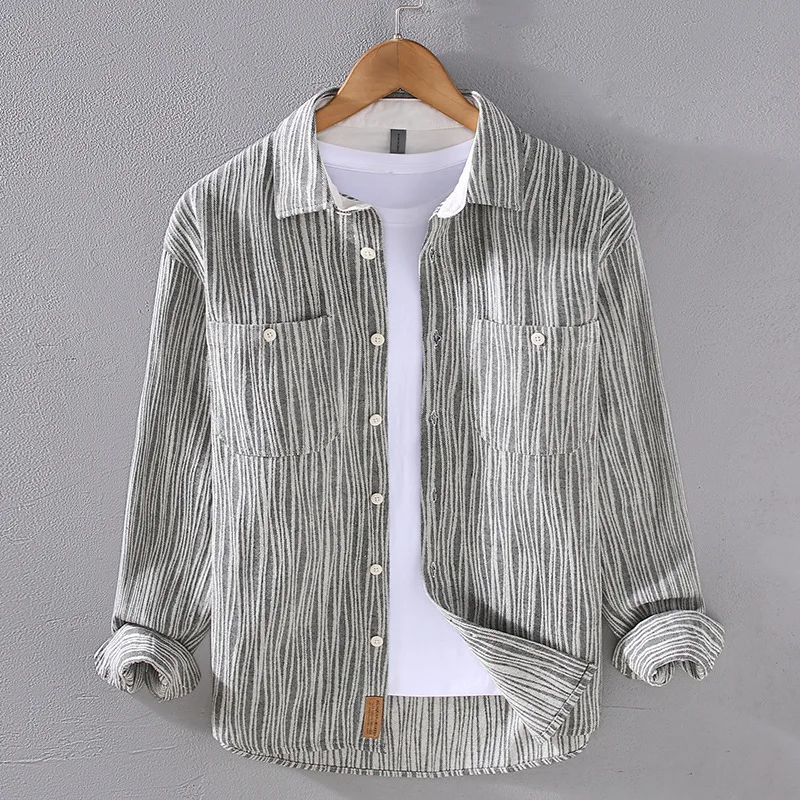 japanese retro Spring and Autumn Fashion Lapel Long Sleeve Striped Shirt Men's Loose Casual Button Shirt Striped Men's Clothes