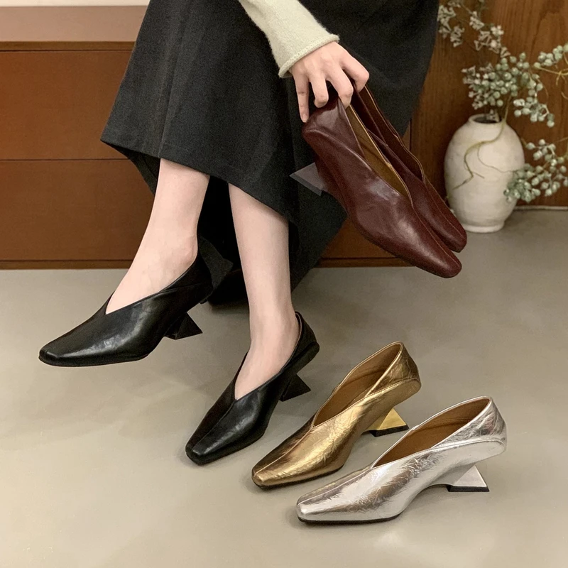 

SUOJIALUN 2026 Spring New Brand Women Pumps Shoes Square High Heel Shallow Slip On Single Shoes Square Toe Dress Boat Shoes